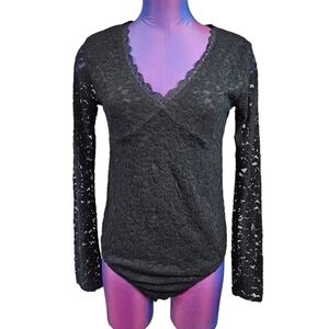 NWT Leighton Sexy Black Lace Long Sleeve Bodysuit Size Medium‎ Women's
